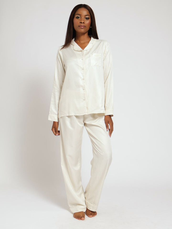 Button Through Satin Shirt & Pant Set - Cream
