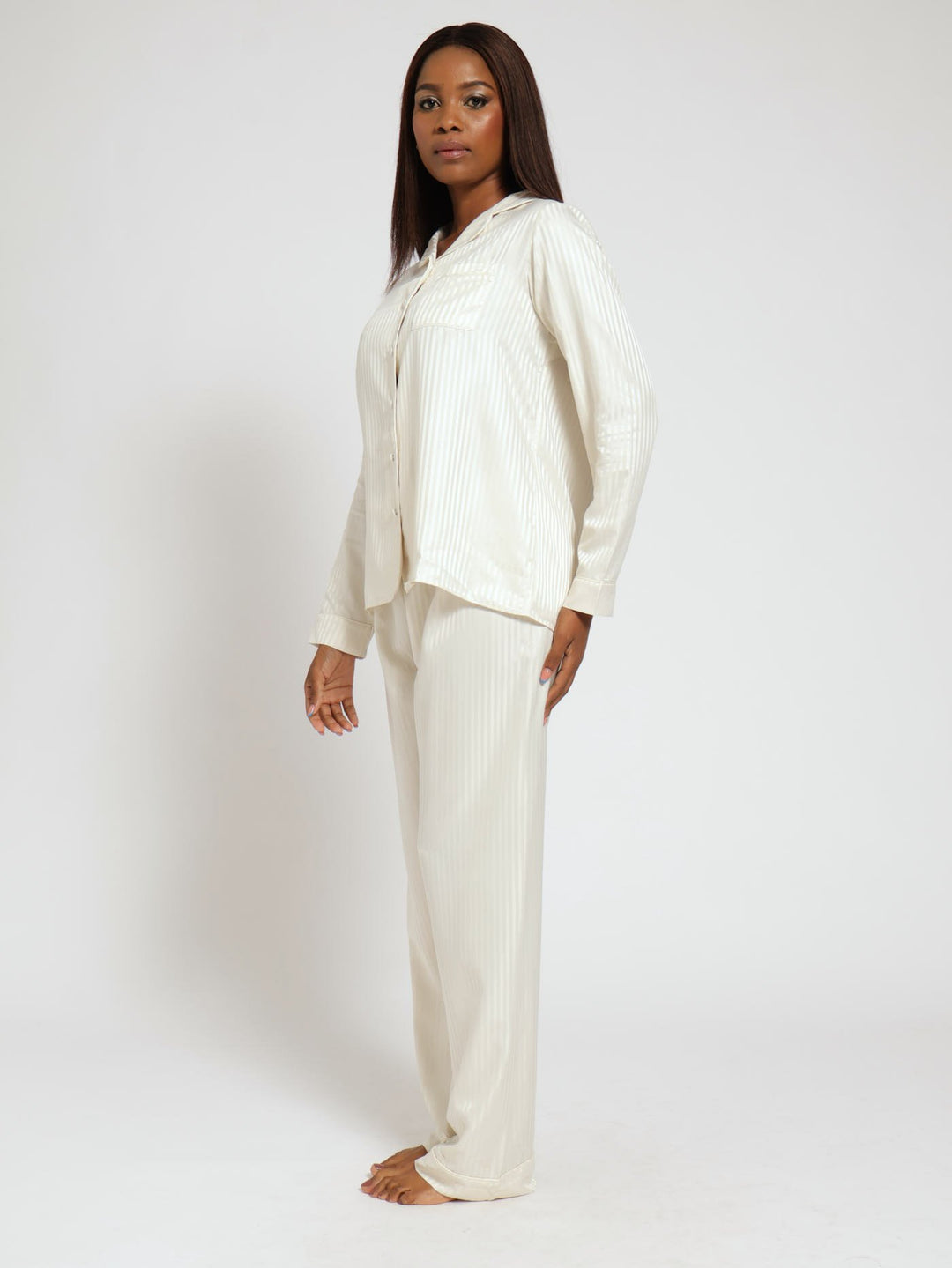 Button Through Satin Shirt & Pant Set - Cream