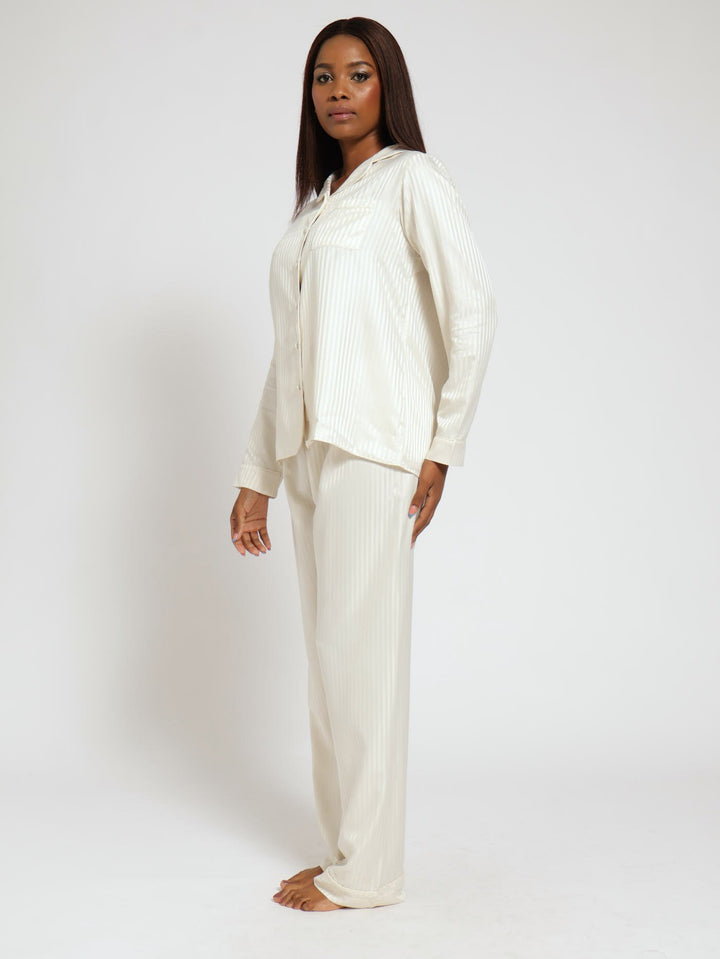 Button Through Satin Shirt & Pant Set - Cream