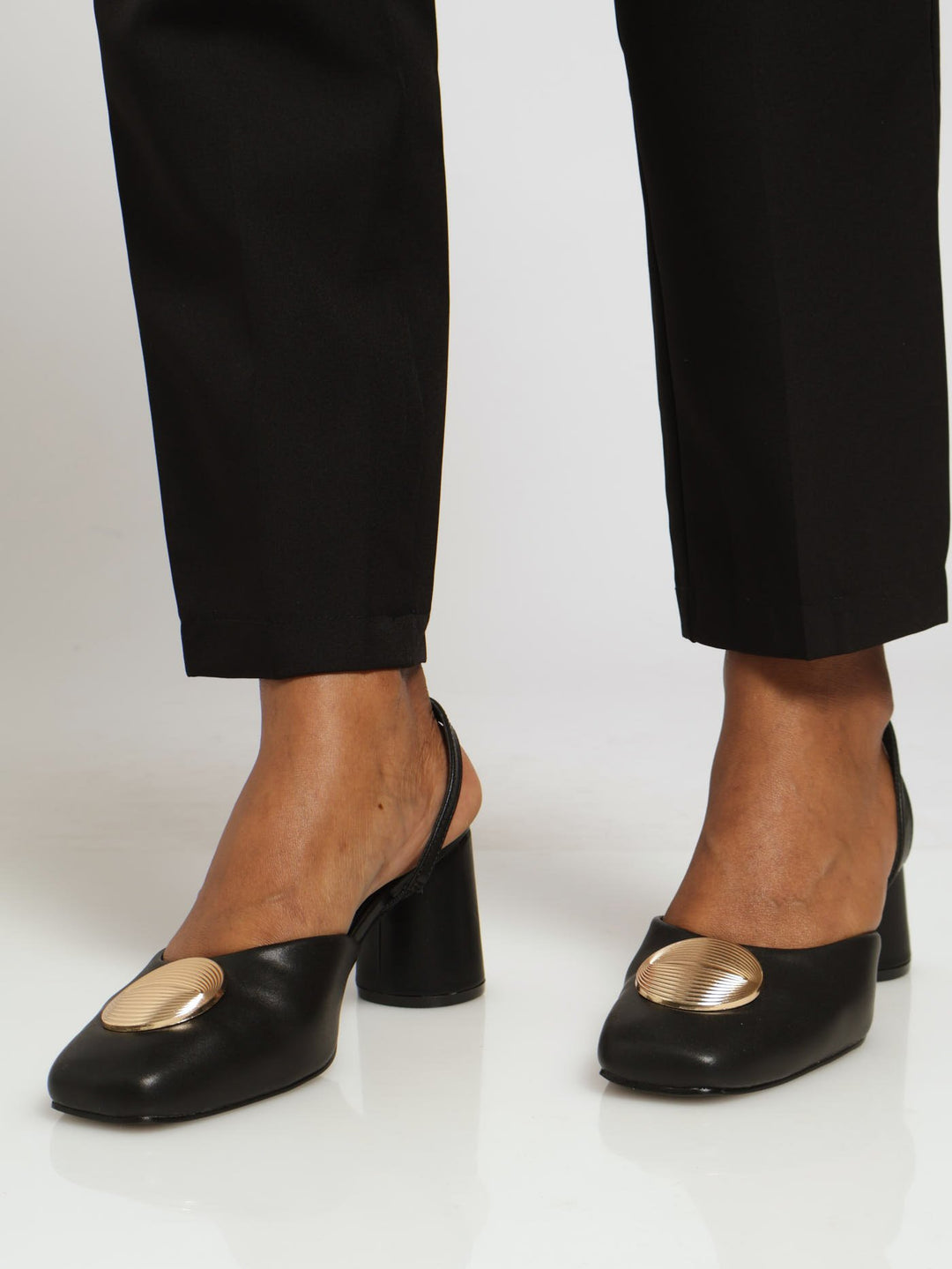 Square To Slingback Heels With Gold Trim - Black