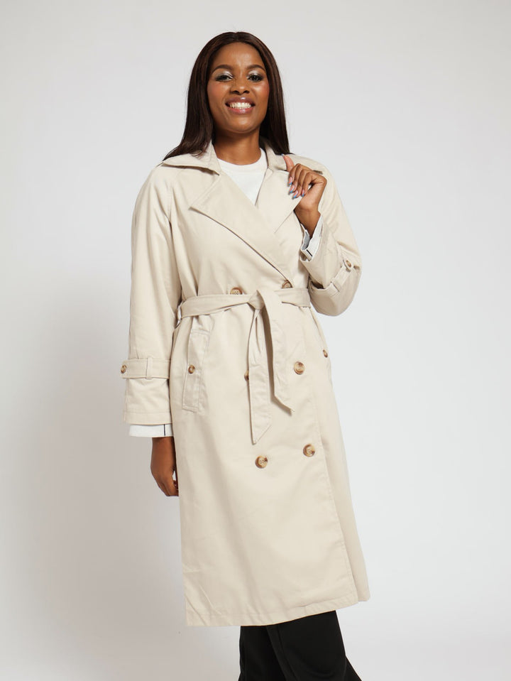 Classic Trench Coat With Epaulettes & Button Detail - Stone