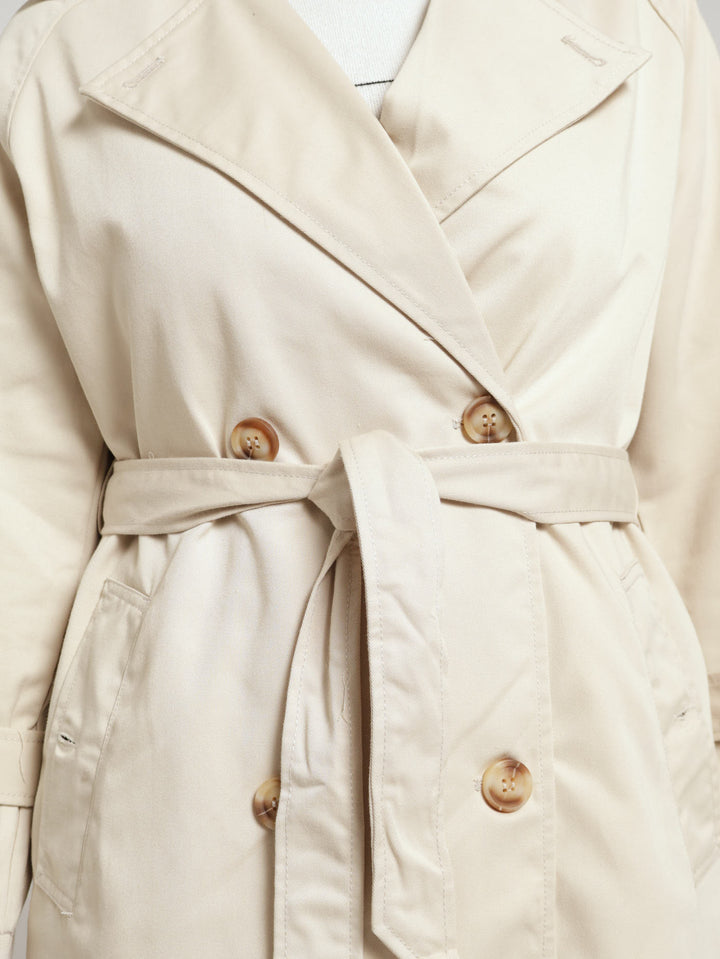 Classic Trench Coat With Epaulettes & Button Detail - Stone