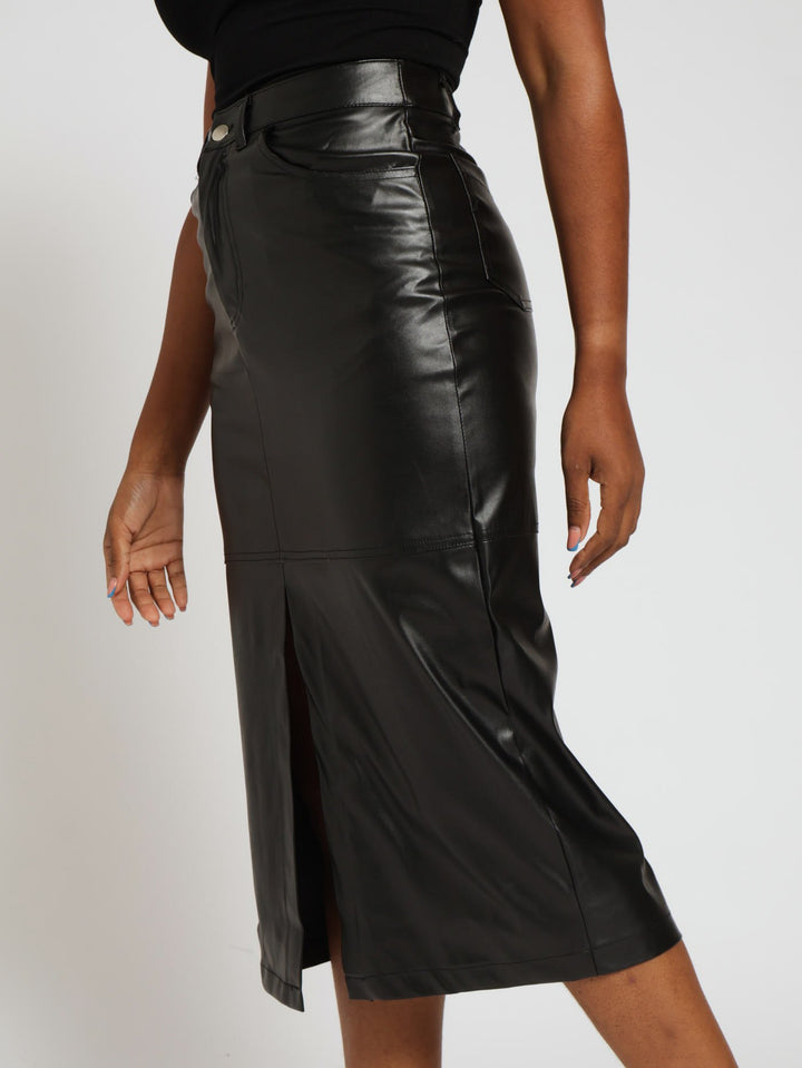 Front Slit Pu Midi Skirt - Black