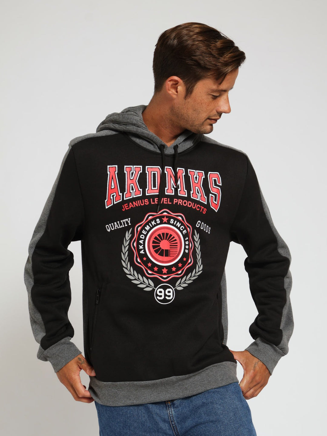 Colour Block Pull Over Hoody - Black