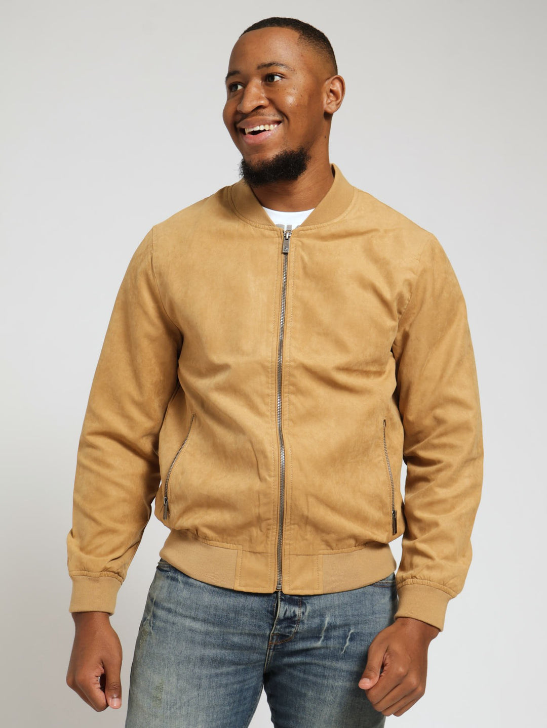 Mock Suede Bomber Jacket - Camel