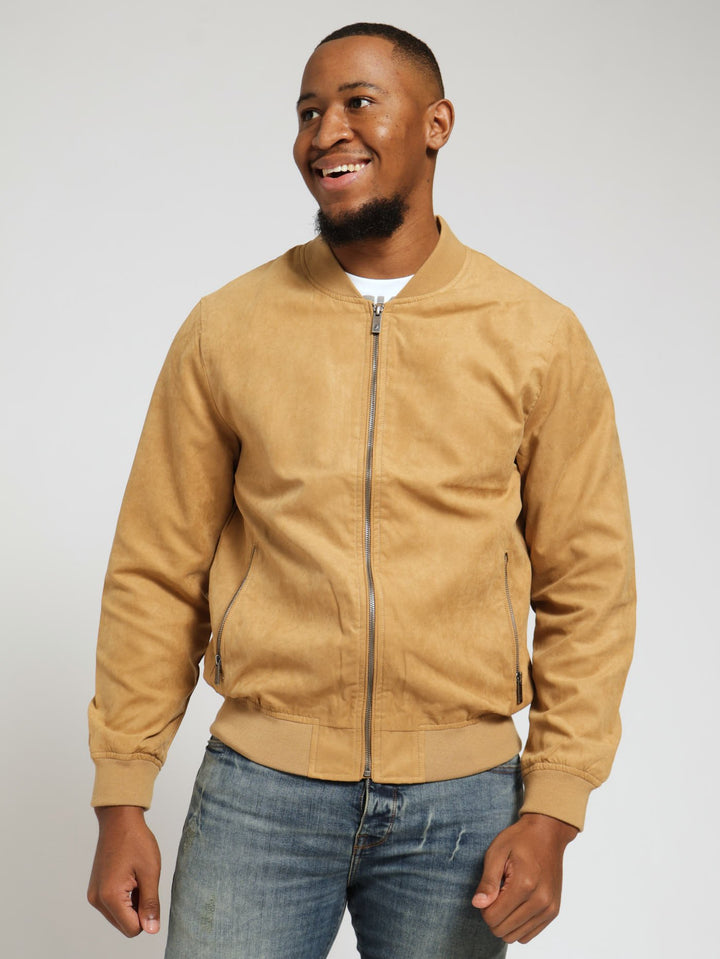 Mock Suede Bomber Jacket - Camel