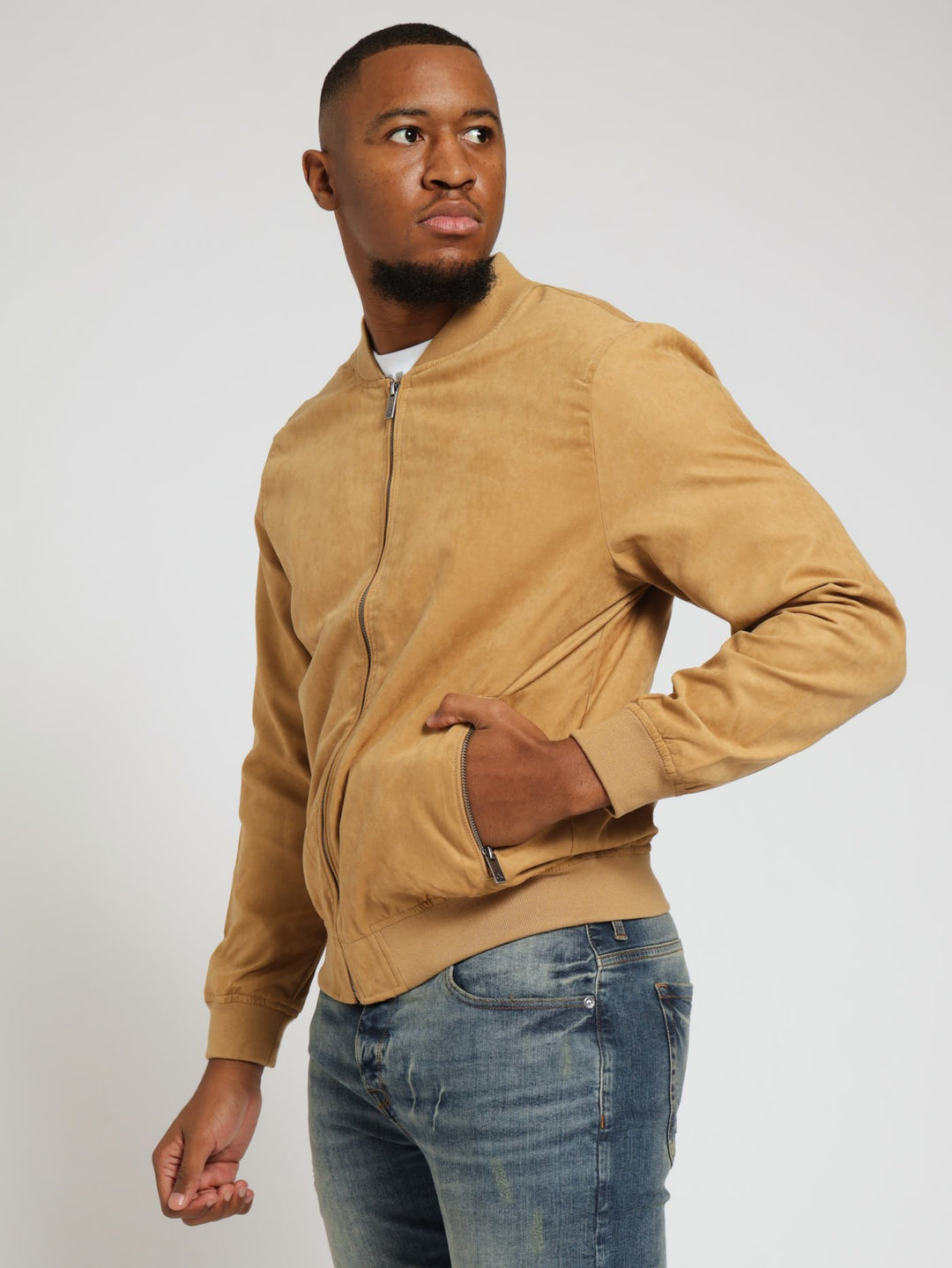 Mock Suede Bomber Jacket - Camel