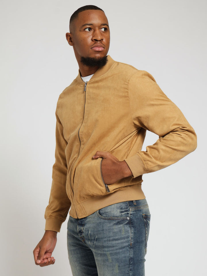 Mock Suede Bomber Jacket - Camel