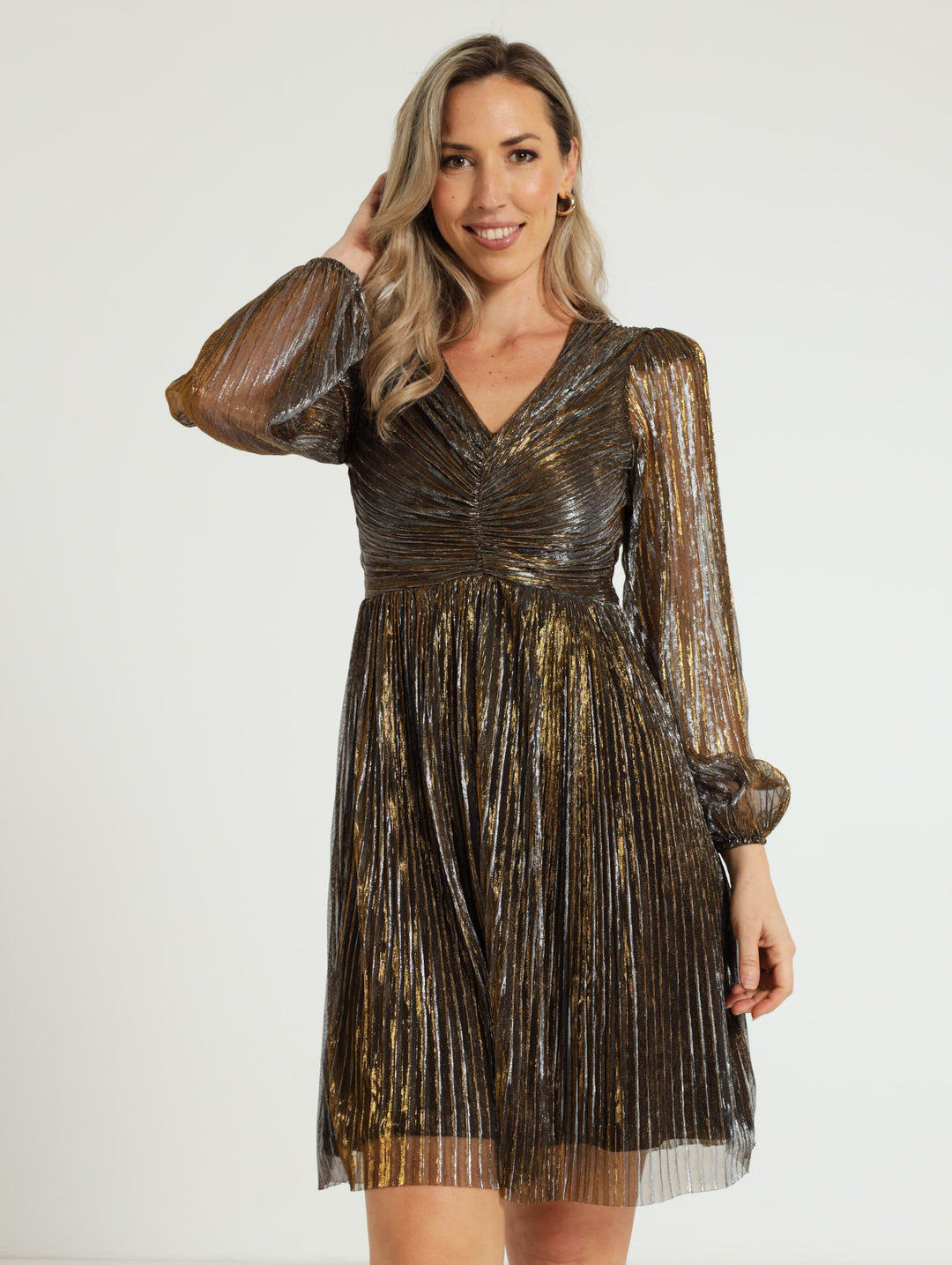 Plisse Pleat Detail Dress - Gold