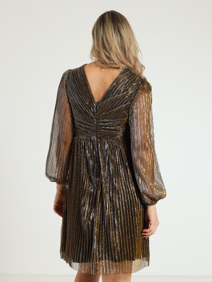 Plisse Pleat Detail Dress - Gold