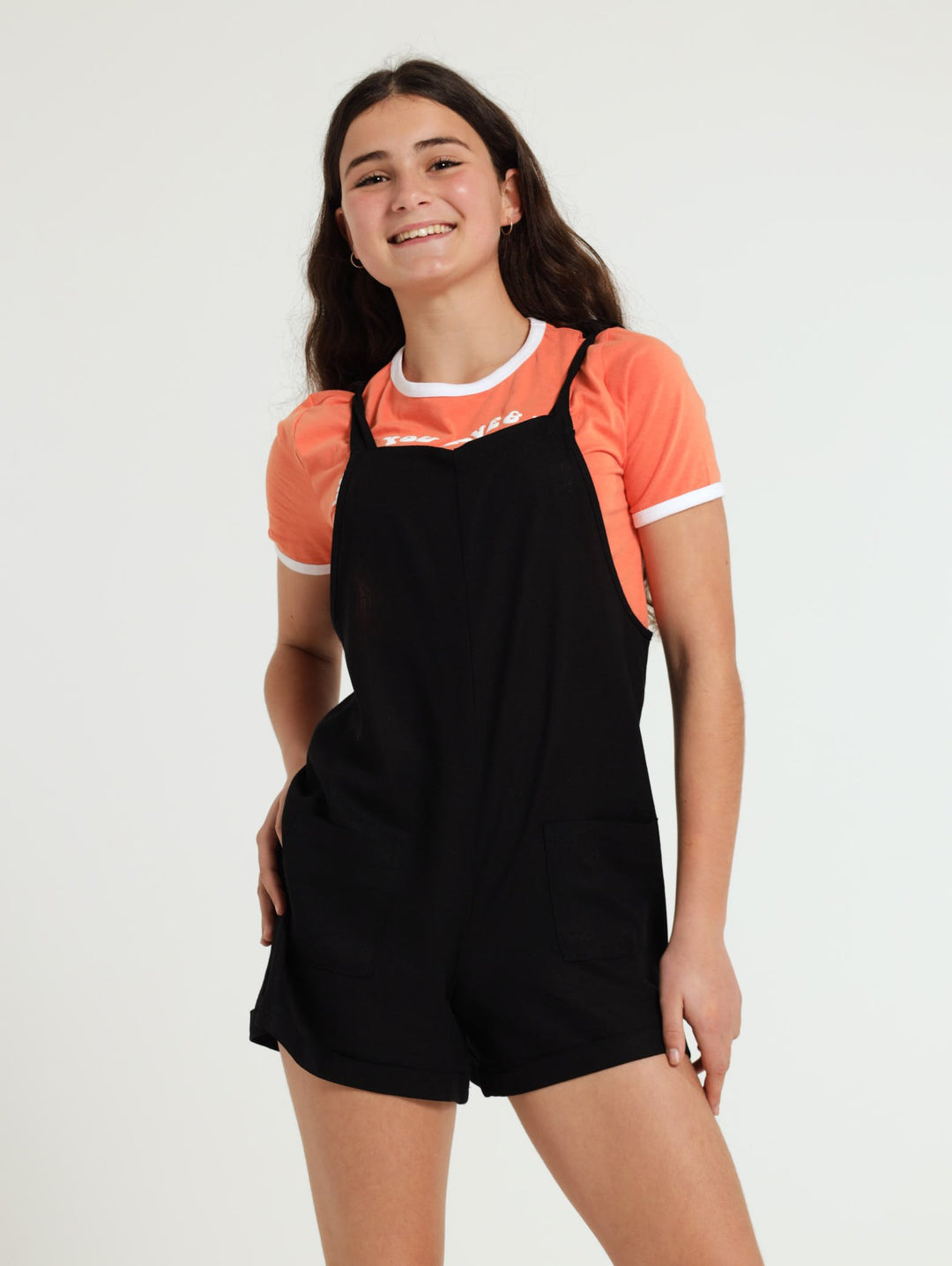 Girls Linen Dungaree - Black