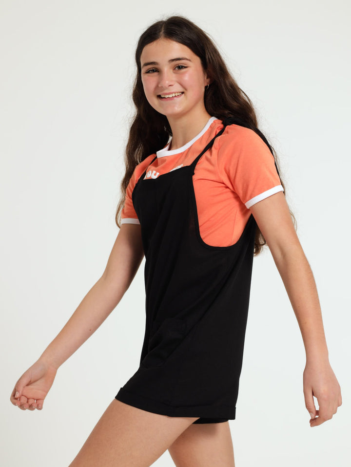 Girls Linen Dungaree - Black