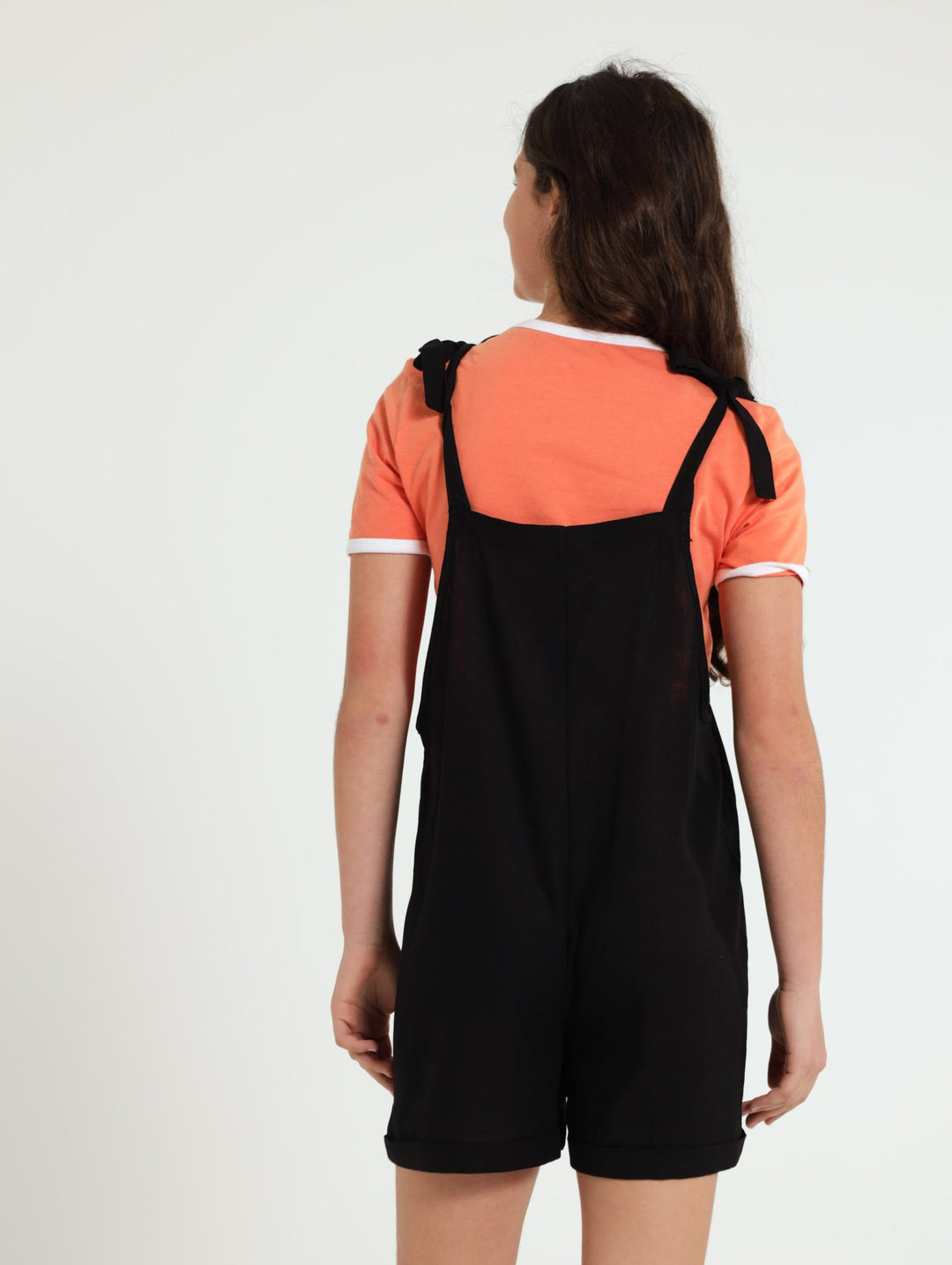 Girls Linen Dungaree - Black