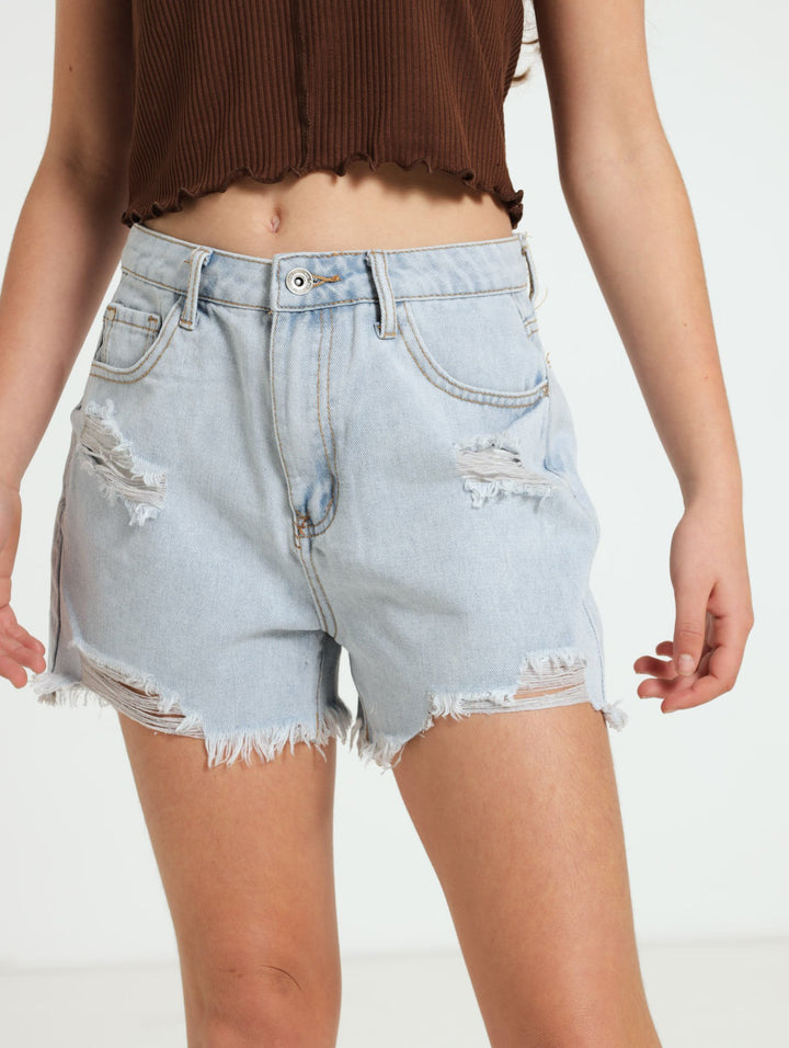Girls Rigid Abraised Denim Shorts - Light Blue