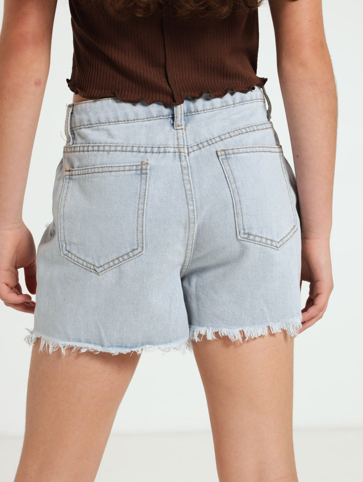 Girls Rigid Abraised Denim Shorts - Light Blue