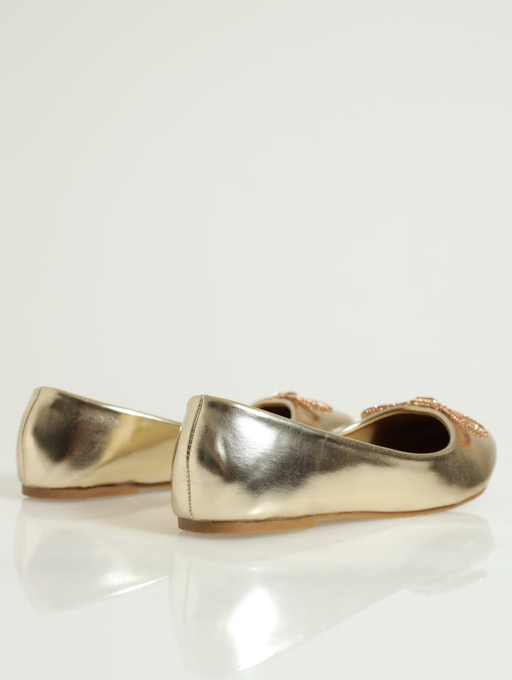 Ballet Pump With Embellished Bow - Gold