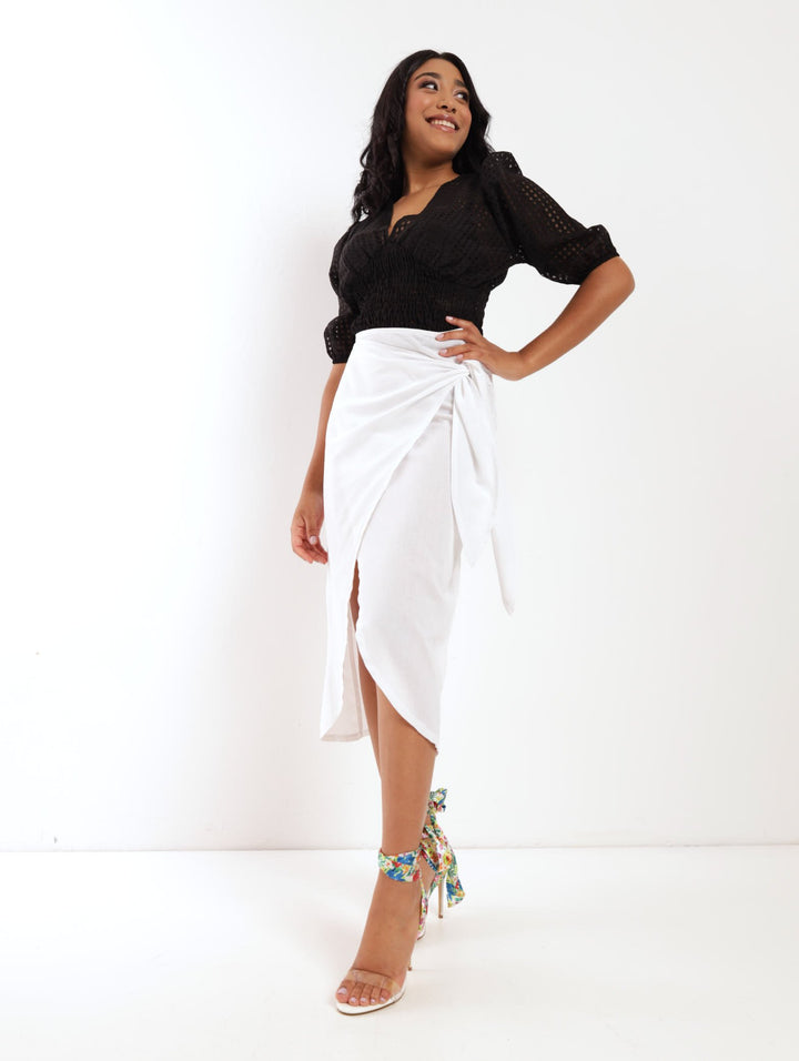 Ladies Side Wrap Linen Skirt - White