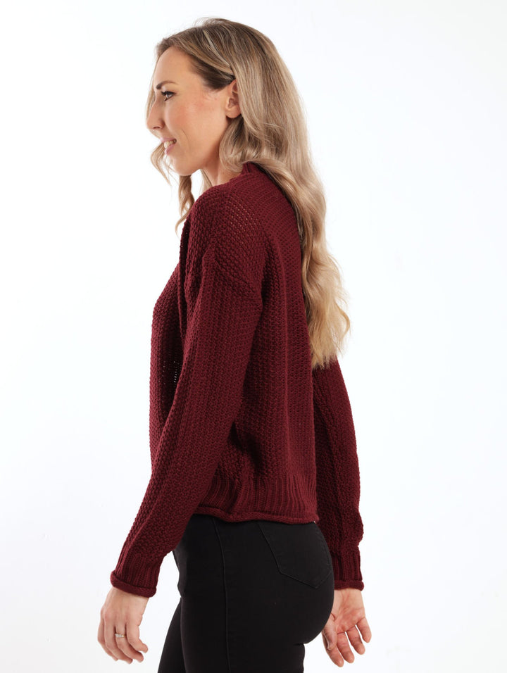 Ladies Long Sleeve Waffle Knit Pullover - Burgundy