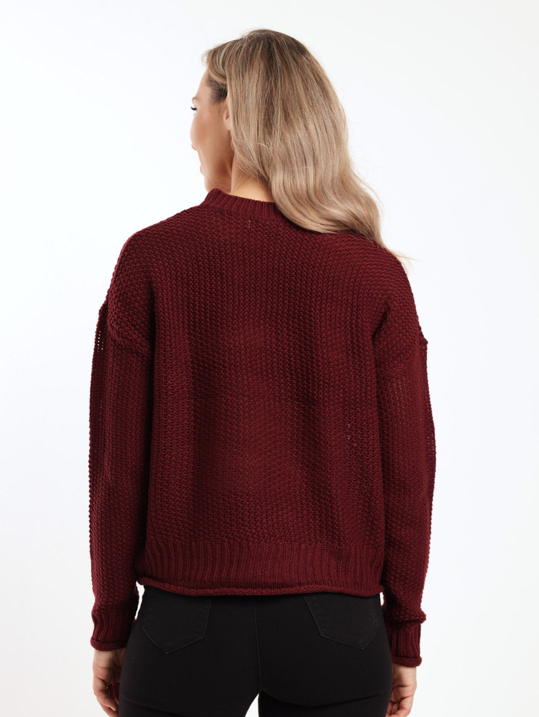 Ladies Long Sleeve Waffle Knit Pullover - Burgundy