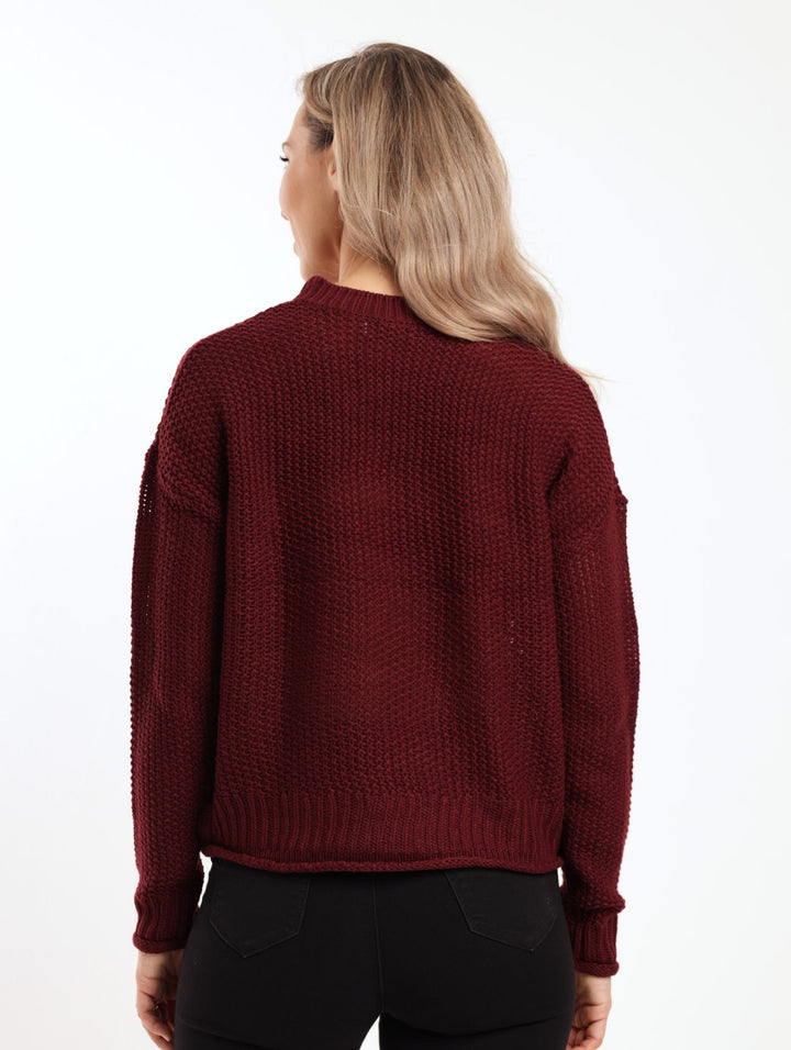 Ladies Long Sleeve Waffle Knit Pullover - Burgundy