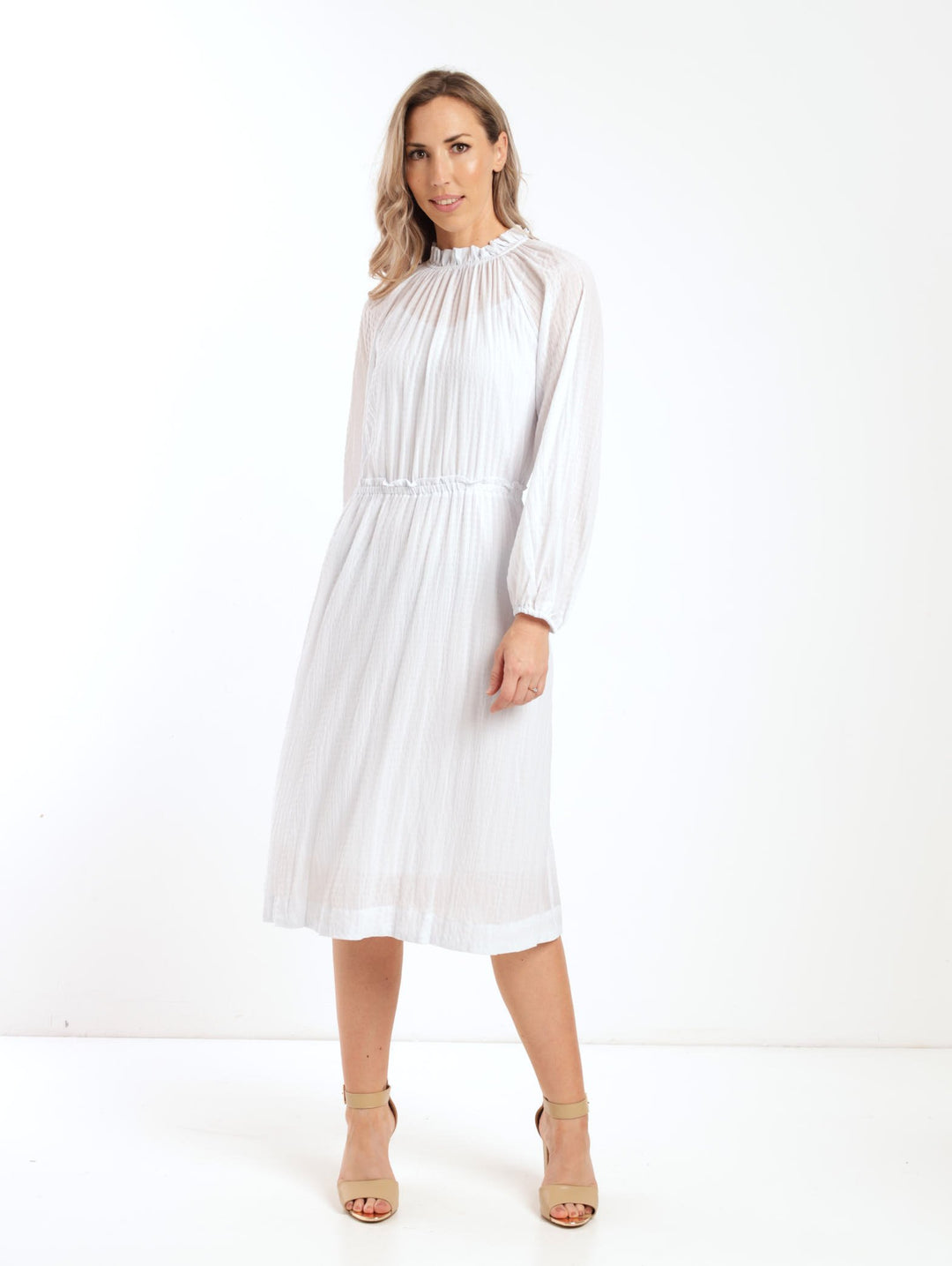 Ladies Long Sleeve Waisted Hi-Neck Midi Dress White