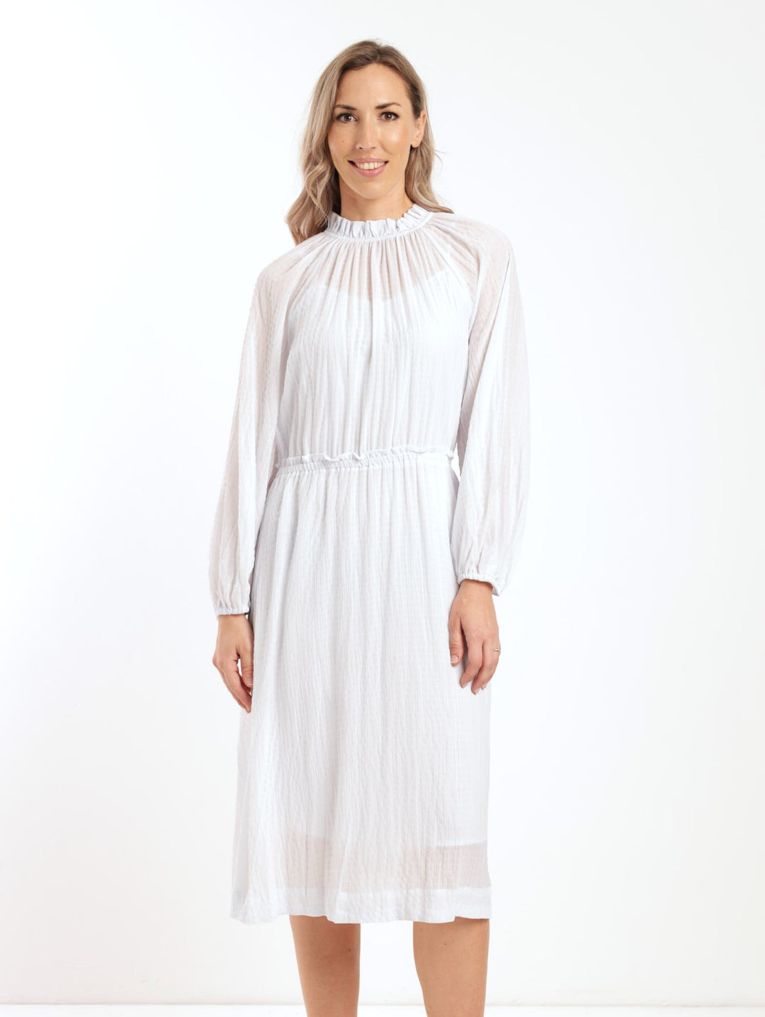 Ladies Long Sleeve Waisted Hi-Neck Midi Dress - White