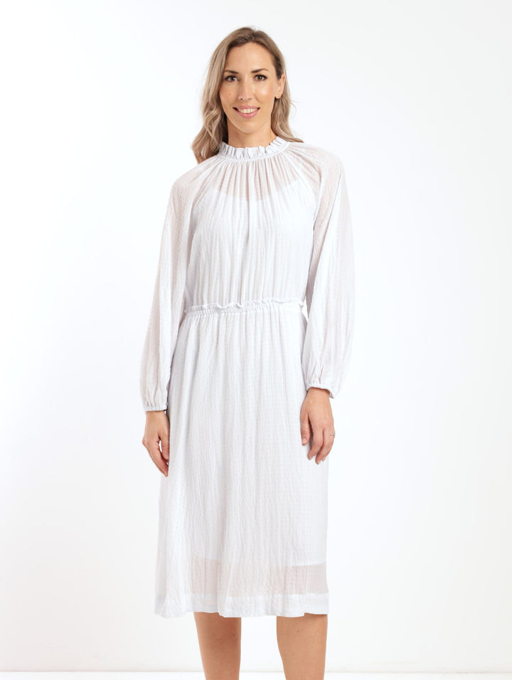 Ladies Long Sleeve Waisted Hi-Neck Midi Dress - White