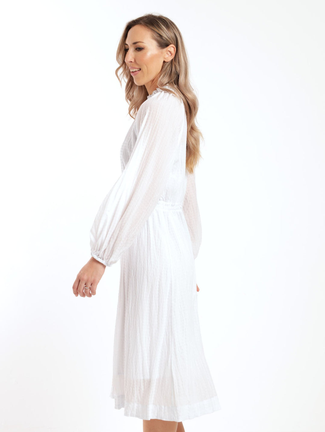 Ladies Long Sleeve Waisted Hi-Neck Midi Dress - White