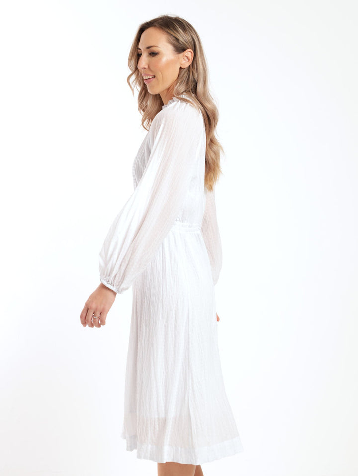 Ladies Long Sleeve Waisted Hi-Neck Midi Dress - White