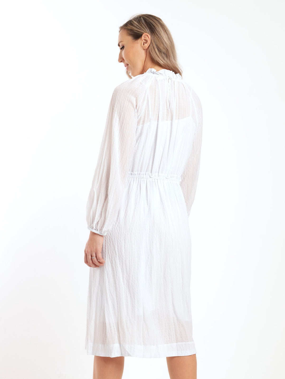 Ladies Long Sleeve Waisted Hi-Neck Midi Dress - White