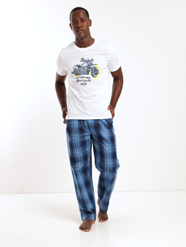 Men's PJ Sets - Short Sleeve White Bicycle Tee + Blue Check Long Bottom