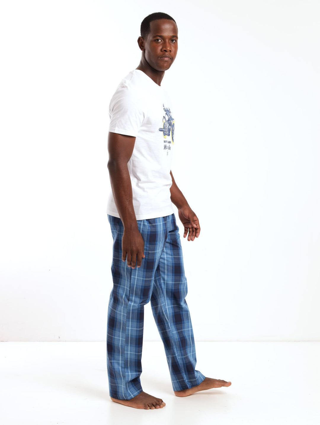 Men's PJ Sets - Short Sleeve White Bicycle Tee + Blue Check Long Bottom