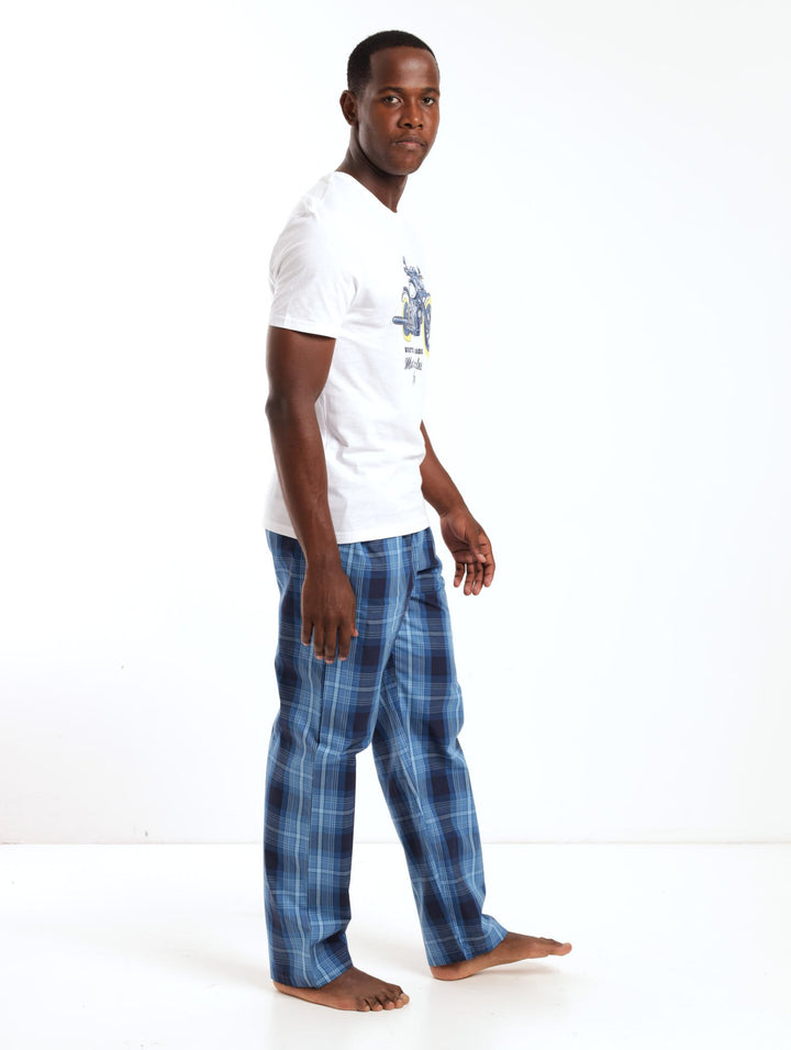 Men's PJ Sets - Short Sleeve White Bicycle Tee + Blue Check Long Bottom