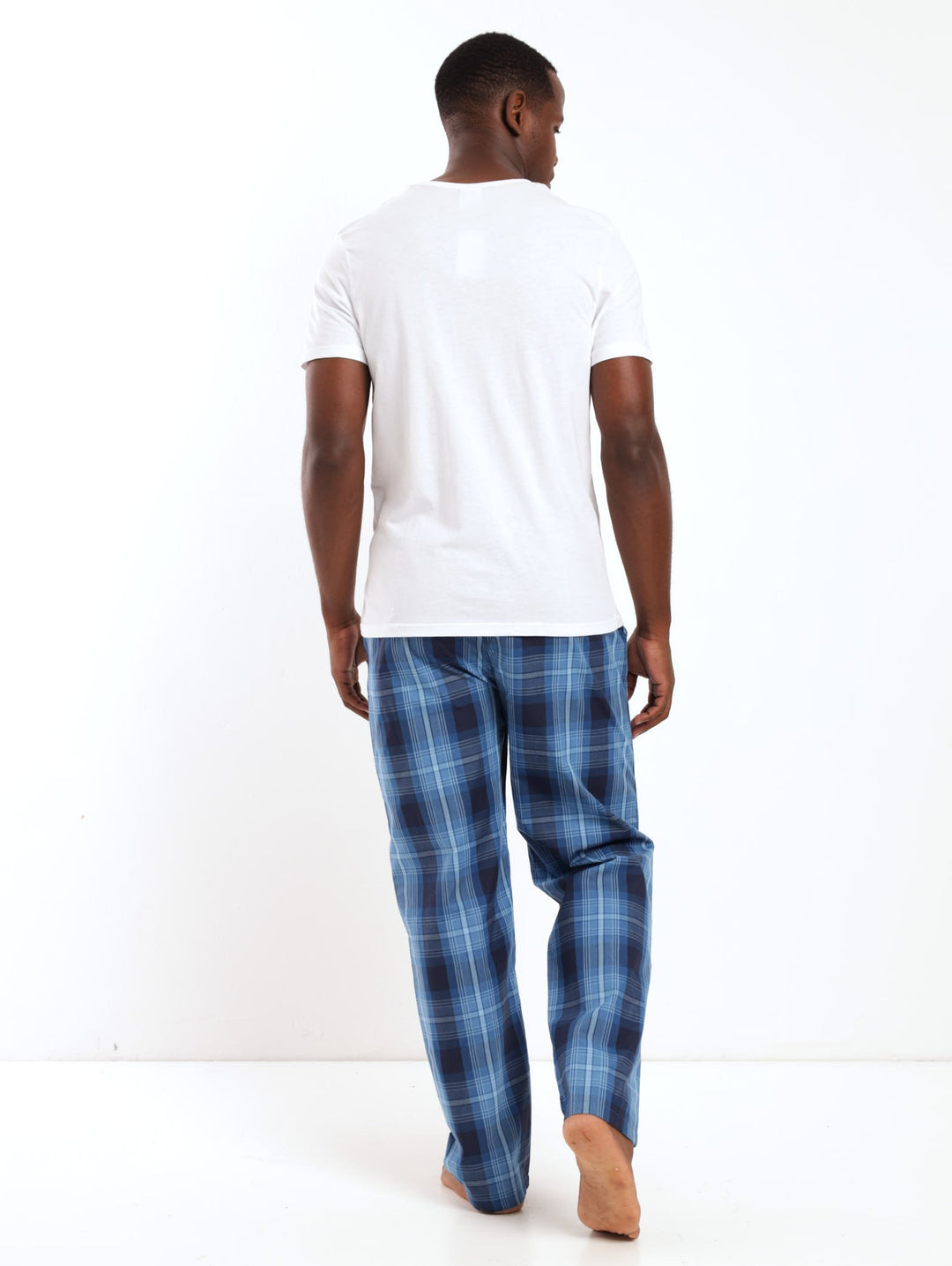 Men's PJ Sets - Short Sleeve White Bicycle Tee + Blue Check Long Bottom