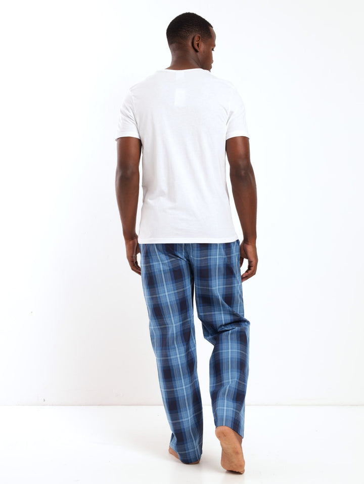 Men's PJ Sets - Short Sleeve White Bicycle Tee + Blue Check Long Bottom
