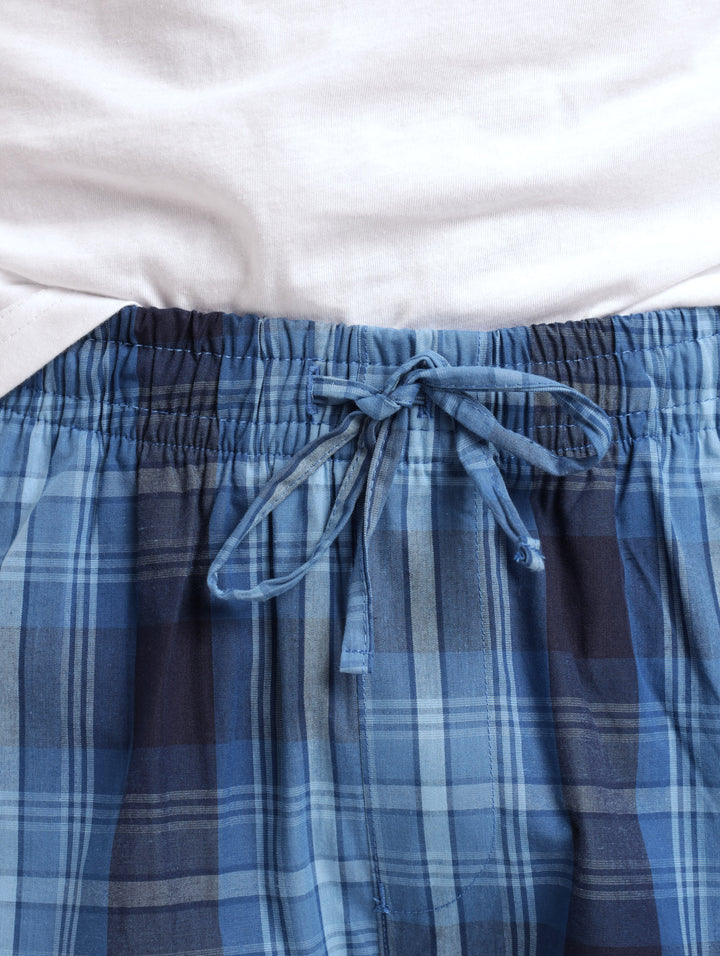 Men's PJ Sets - Short Sleeve White Bicycle Tee + Blue Check Long Bottom