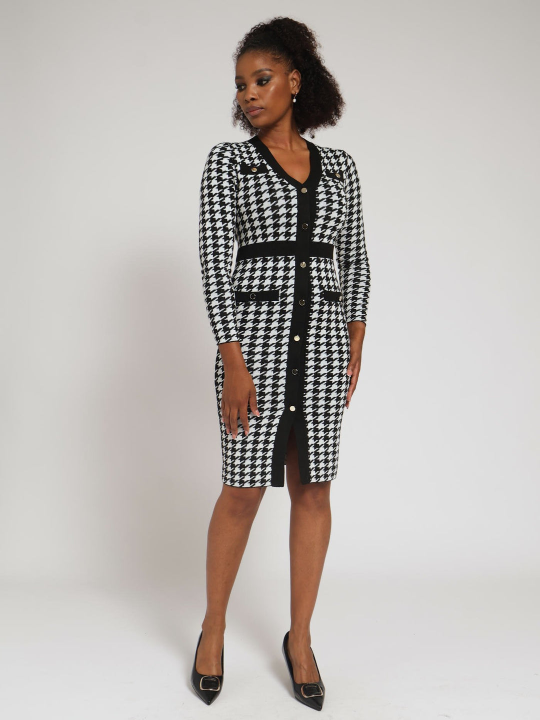Houndstooth Preppy Bodycon Dress - Black/White