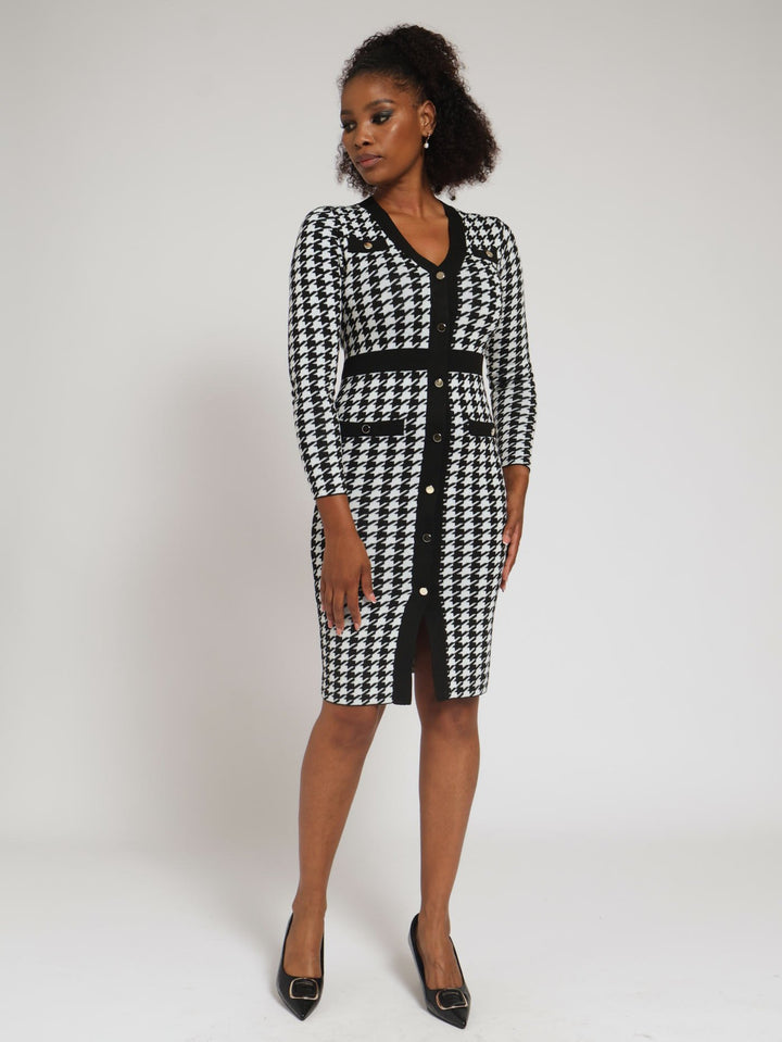 Houndstooth Preppy Bodycon Dress - Black/White
