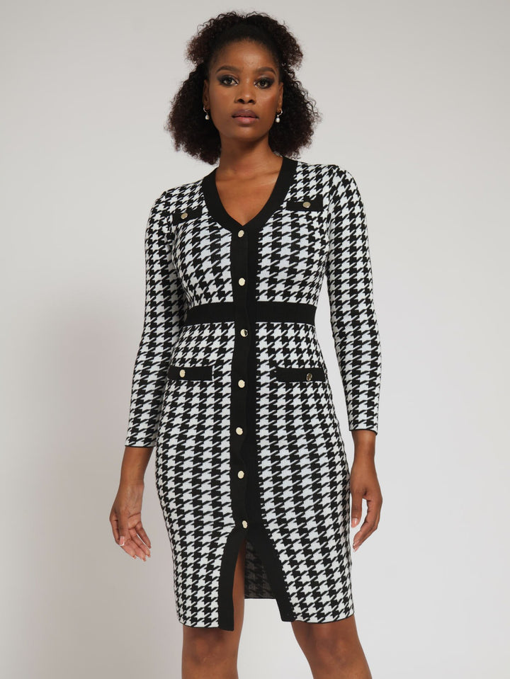 Houndstooth Preppy Bodycon Dress - Black/White