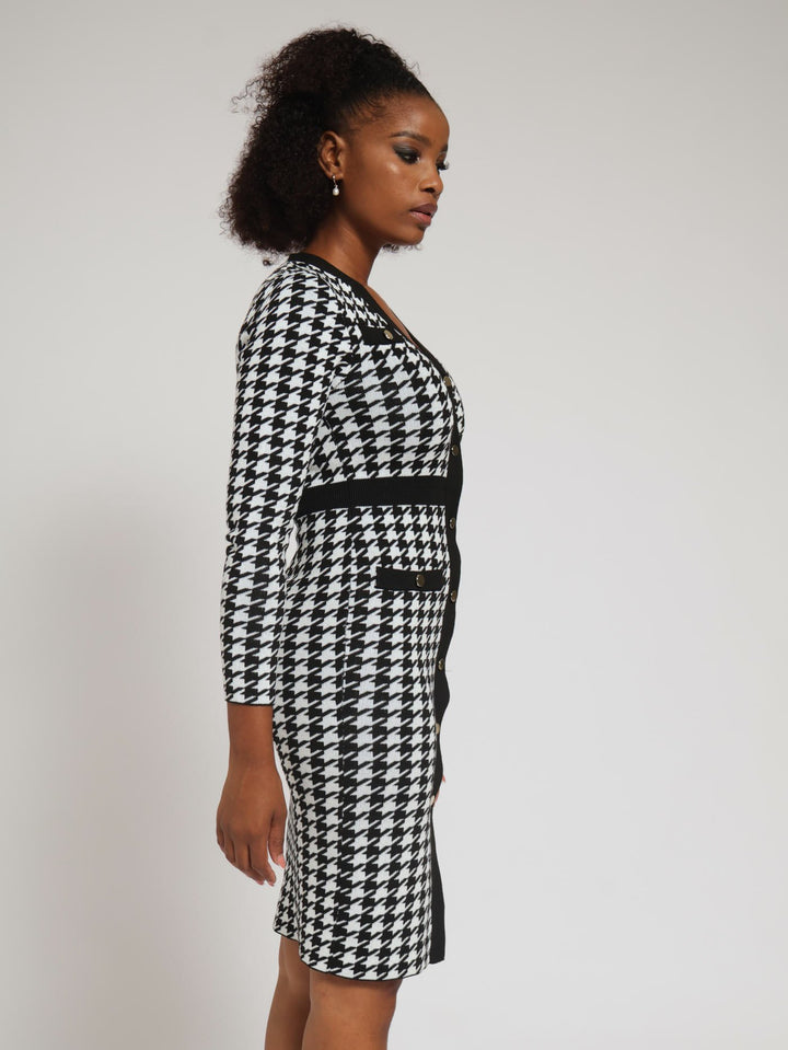 Houndstooth Preppy Bodycon Dress - Black/White