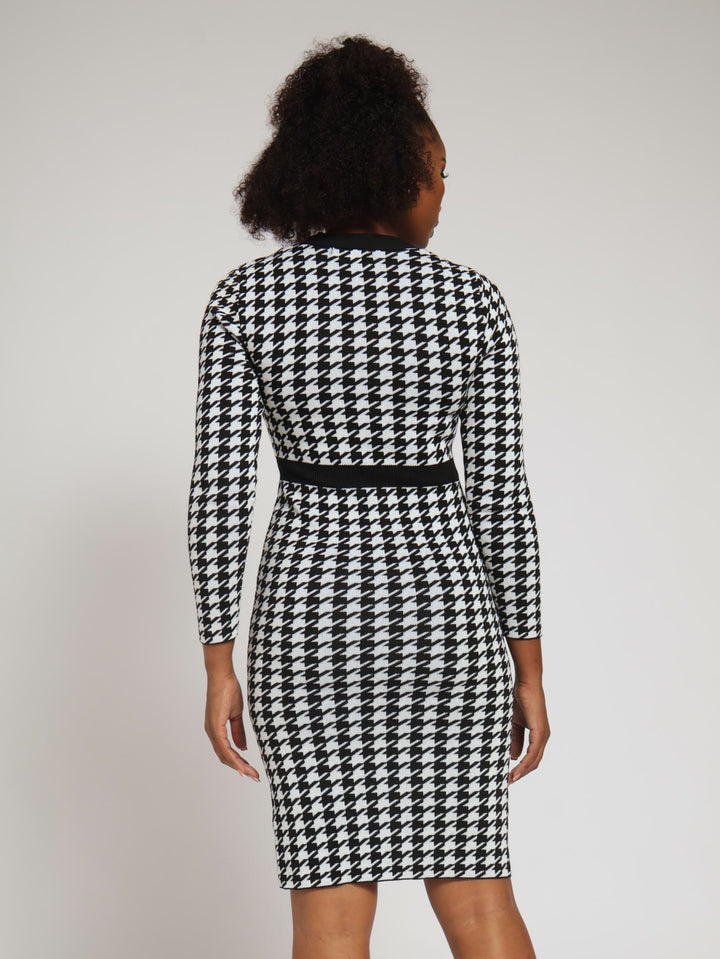 Houndstooth Preppy Bodycon Dress - Black/White