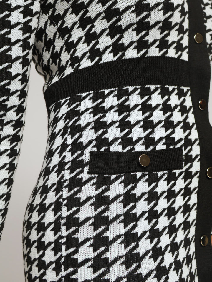 Houndstooth Preppy Bodycon Dress - Black/White