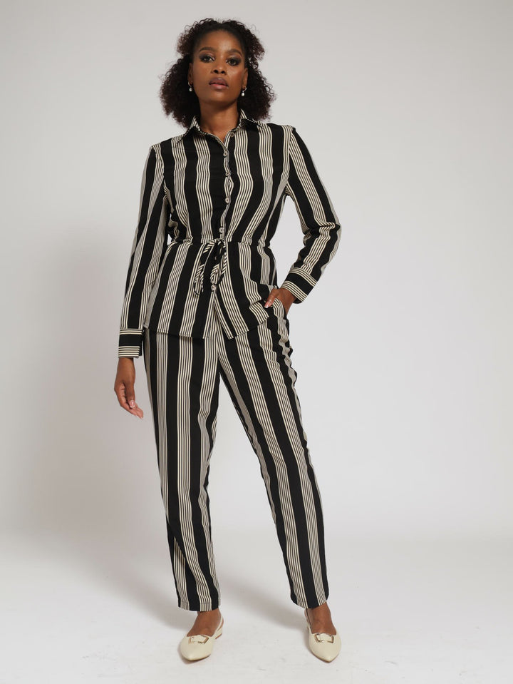 Paper Bag Button Tab Stripe Pants - Black/Beige