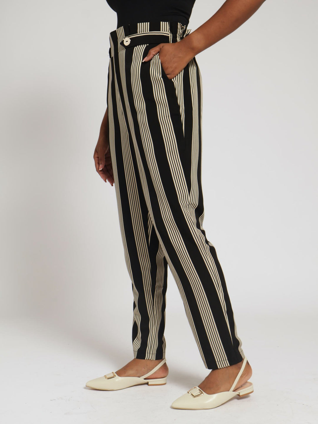 Paper Bag Button Tab Stripe Pants - Black/Beige