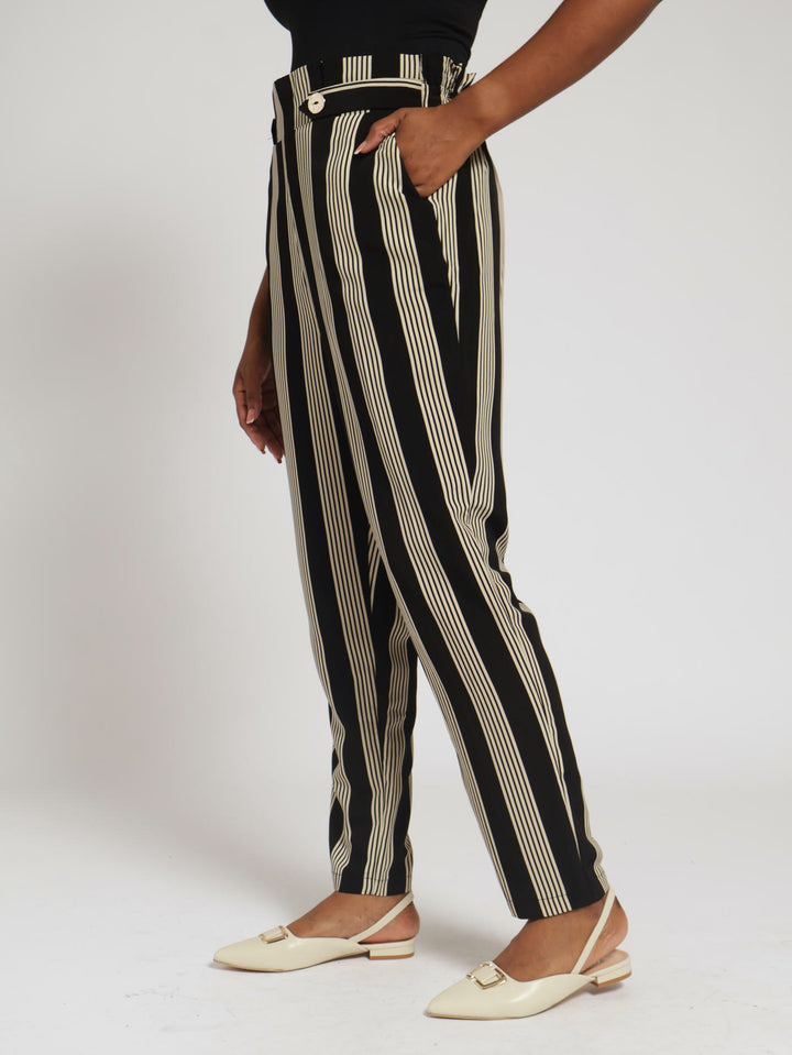 Paper Bag Button Tab Stripe Pants - Black/Beige
