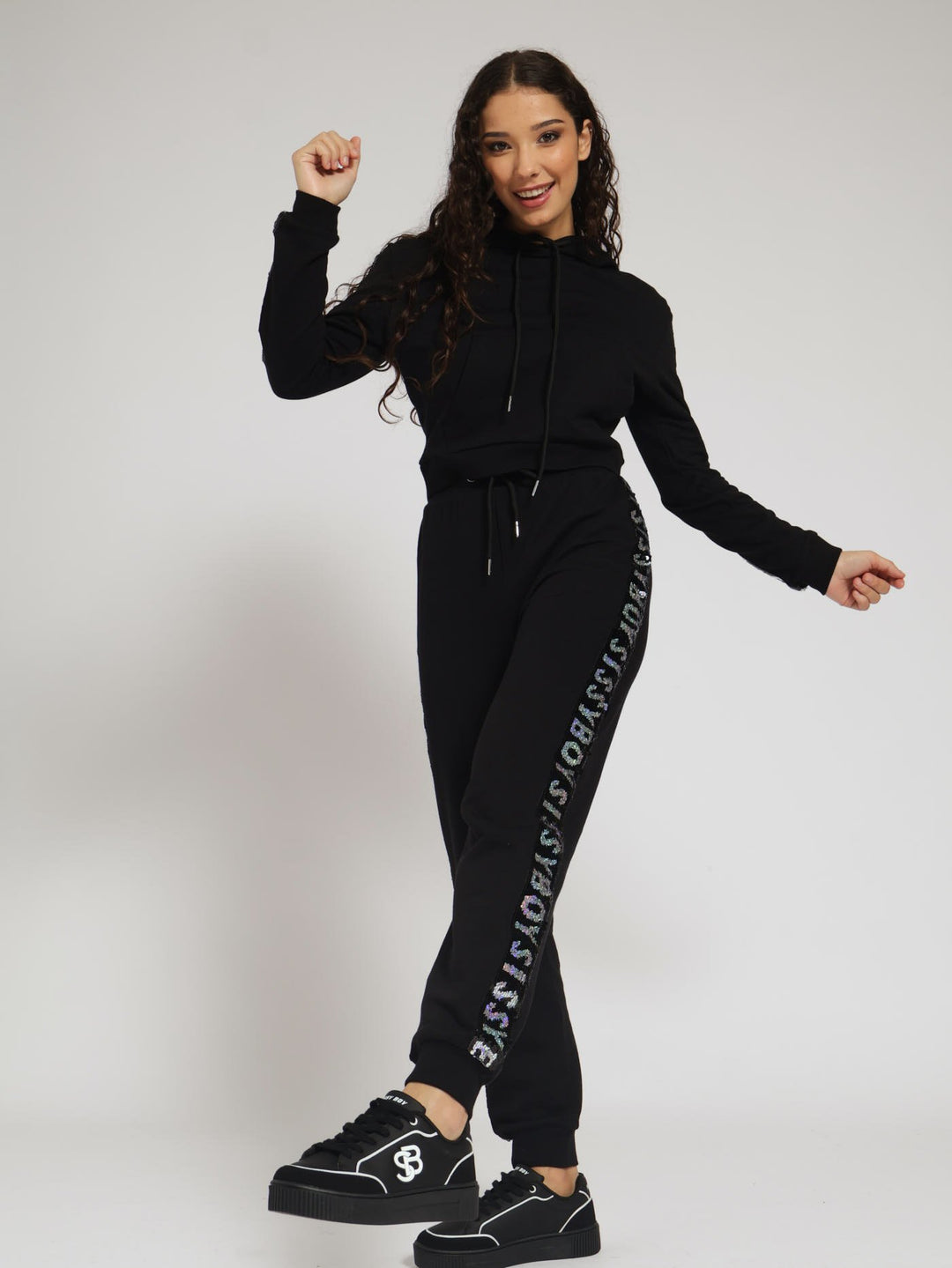 Track Pants With Branded Sequin Tape - Black