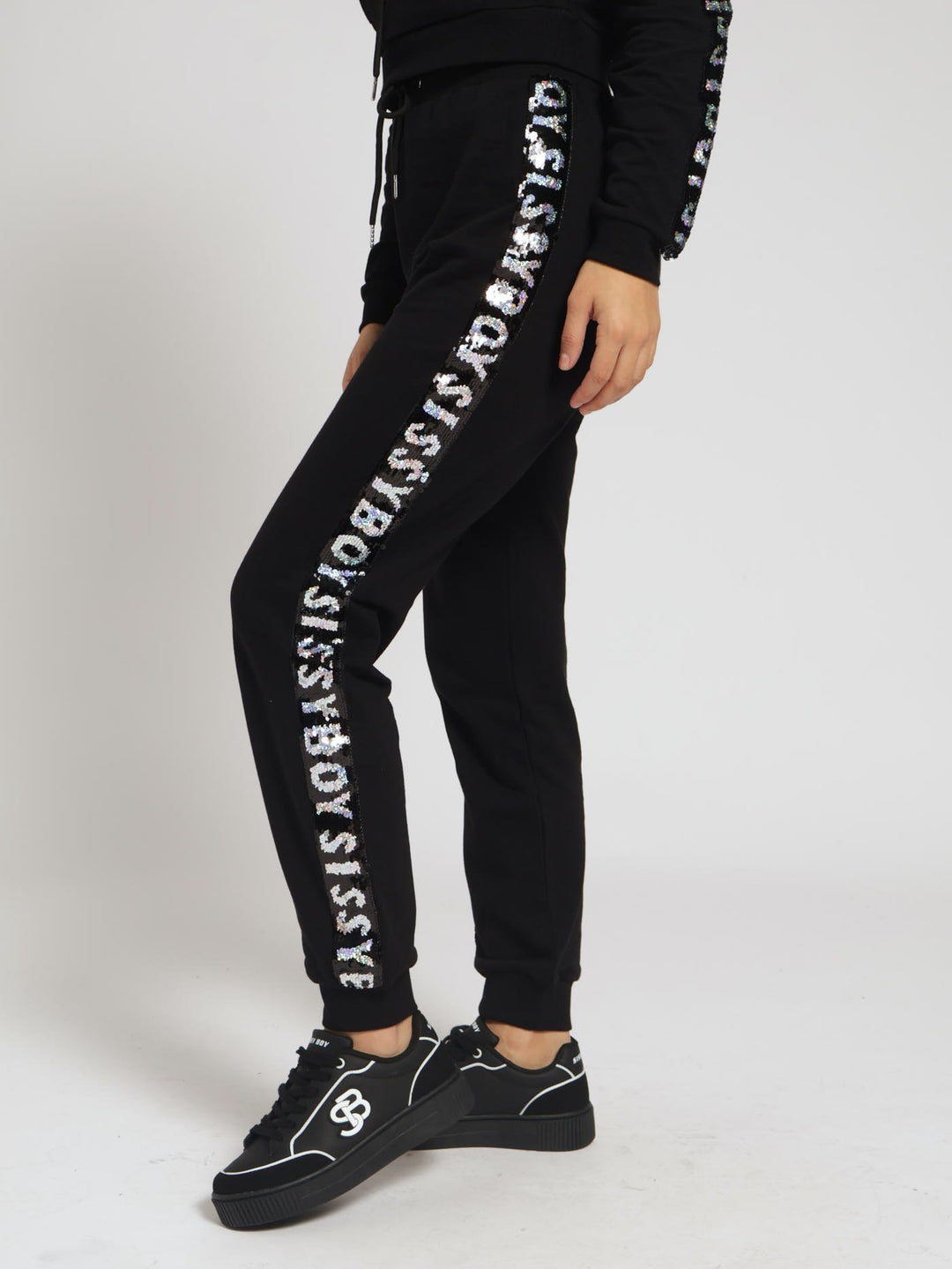 Track Pants With Branded Sequin Tape - Black