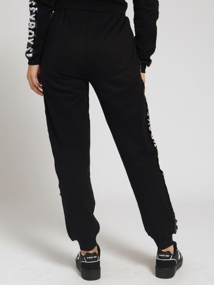 Track Pants With Branded Sequin Tape - Black