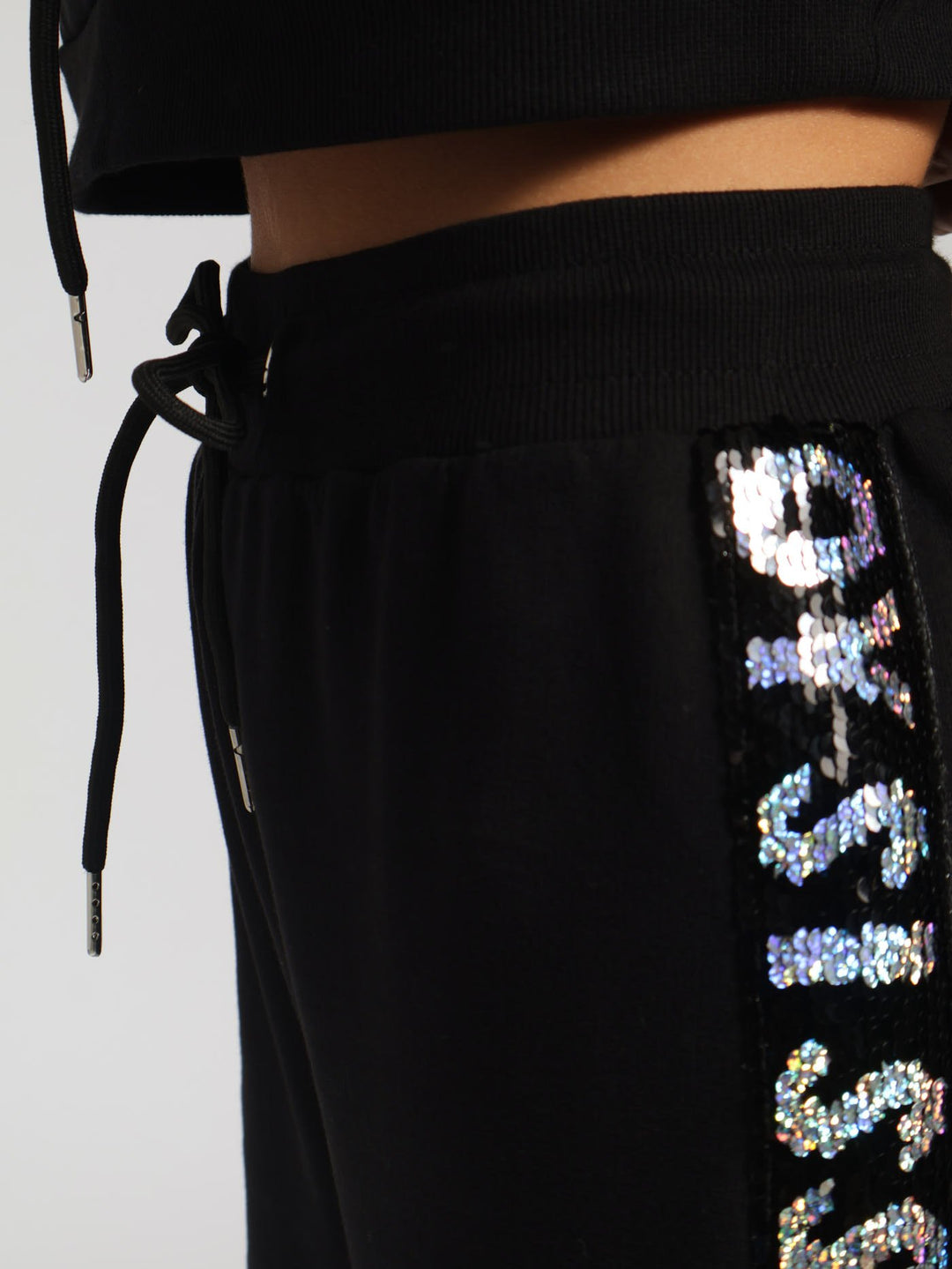 Track Pants With Branded Sequin Tape - Black