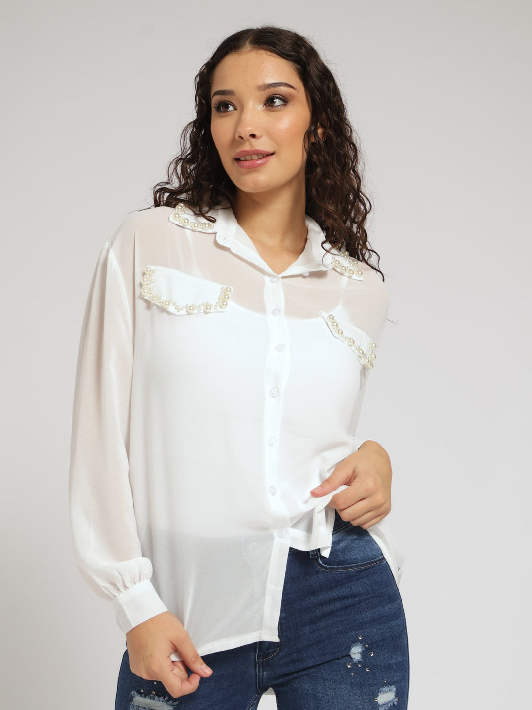 Long Sleeve Shirt With Pearl Detail - Cream